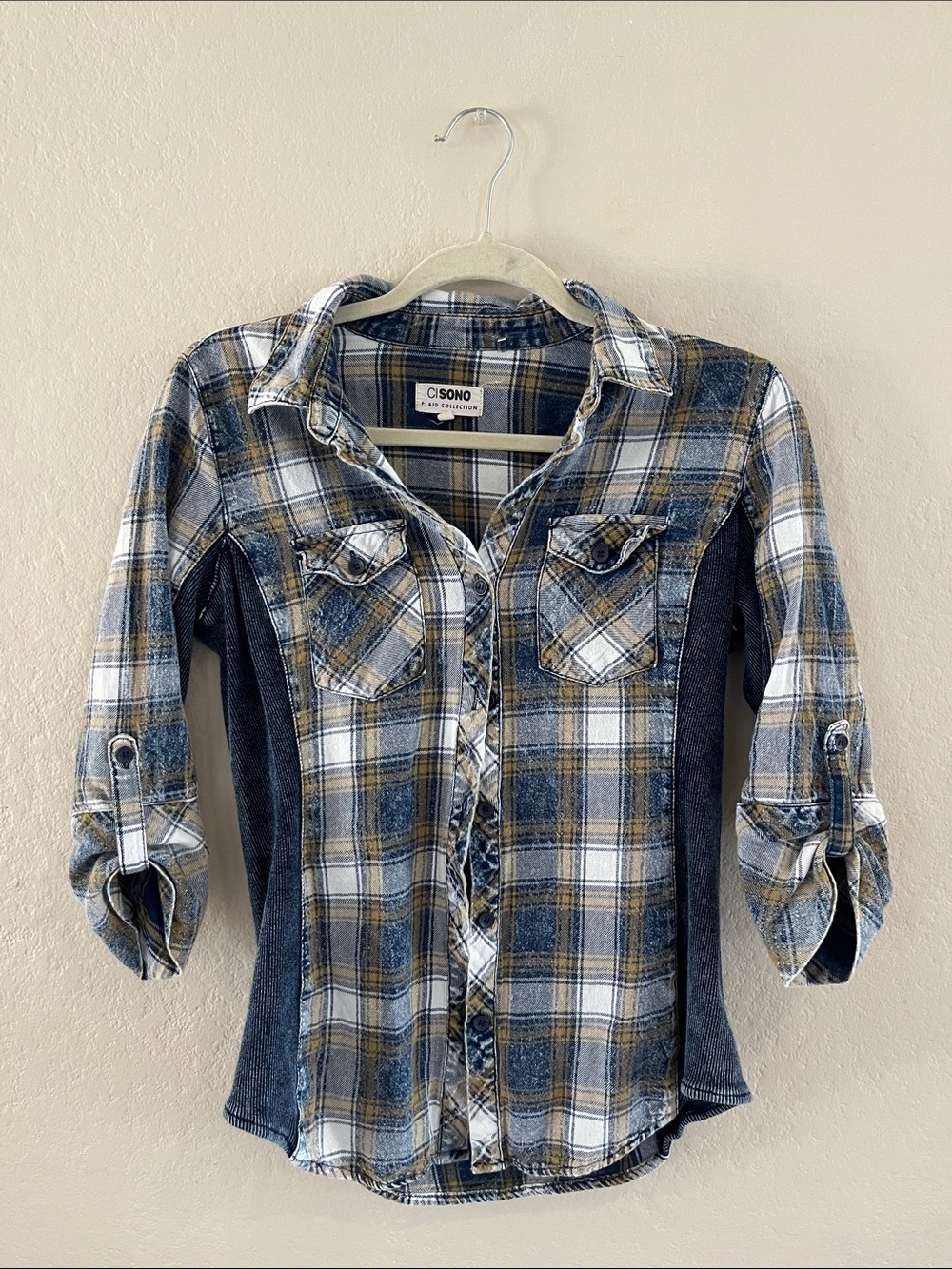 Ci Sono Navy, Tan & White Plaid Button-Front Top with corduroy Panels